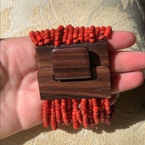 Coral Multi Strand Beaded Cuff With Wooden Closure